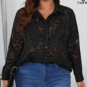 BLACK FLORAL JACQUARD BUTTON FRONT BLOUSE SZ 12